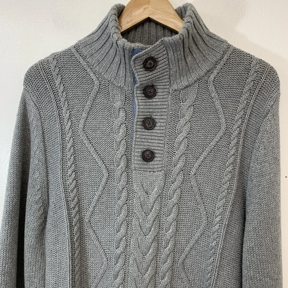 Celio Gray Cable Knit Mock Neck Quarter Button Sweater Men XL Cotton Blend